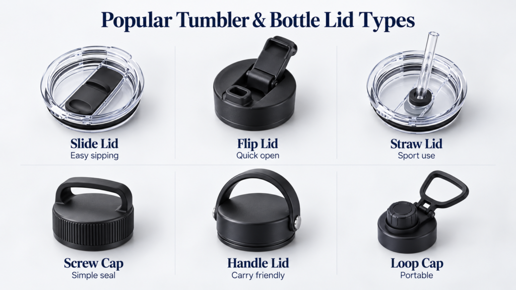 Comparison of tumbler lid types including slide, flip, straw, screw, handle and loop lids