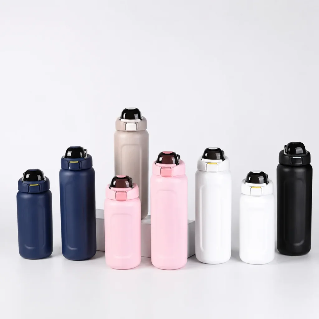 Custom color stainless steel water bottles displayed in different finishes