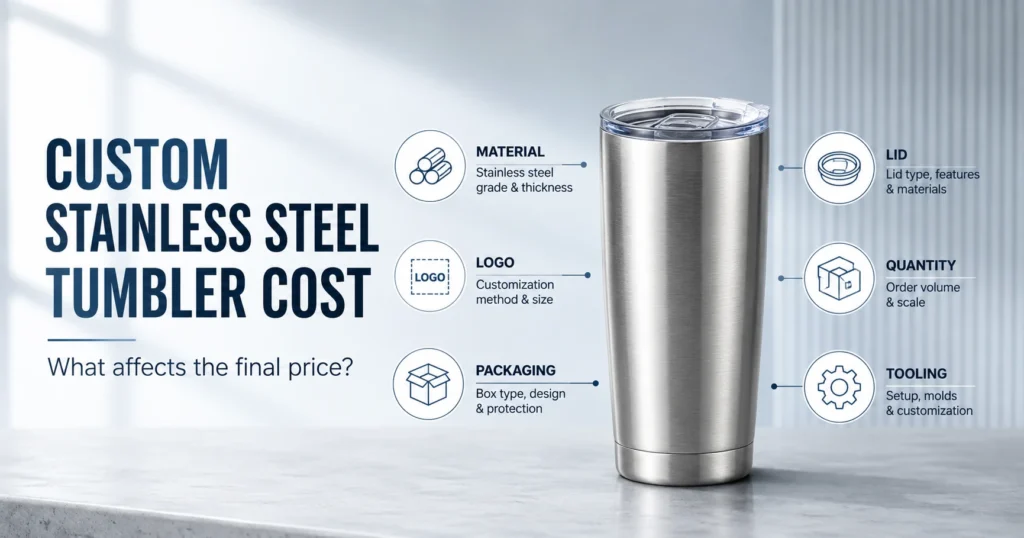 Key custom stainless steel tumbler cost factors including material, lid, logo, packaging, quantity and tooling