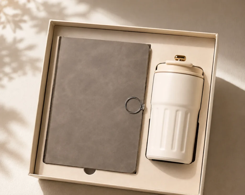 Custom tumbler gift set packaging with drinkware and notebook