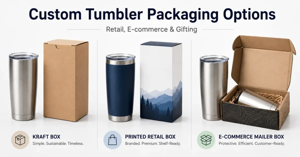 Custom tumbler packaging options including kraft box, printed retail box and e-commerce mailer box