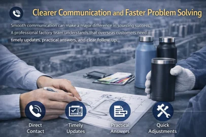 Drinkware factory team discussing custom tumbler project with clear communication and fast problem solving