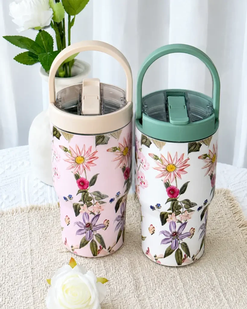UV printed floral design on custom stainless steel tumblers