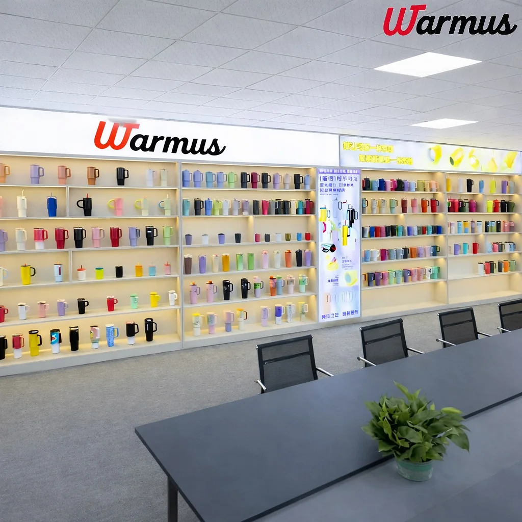 Warmus drinkware showroom displaying insulated bottles and tumblers