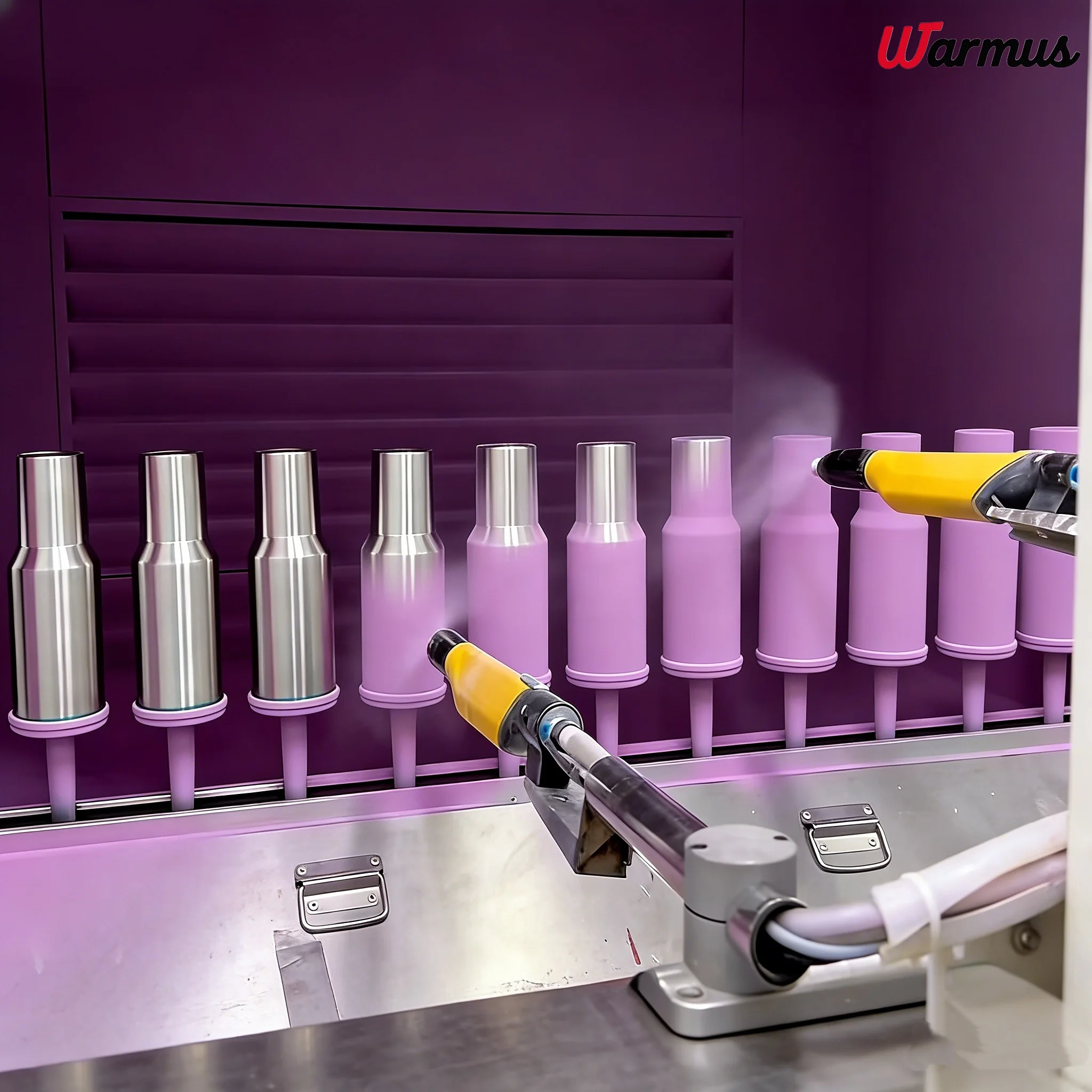 Automated spray coating production line at the Warmus drinkware factory