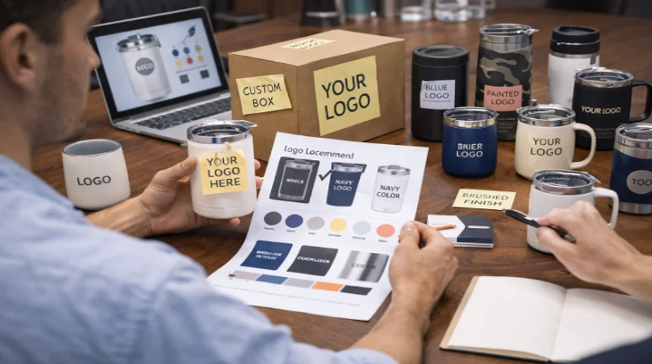Custom drinkware logo, color, finish, and packaging planning at Warmus