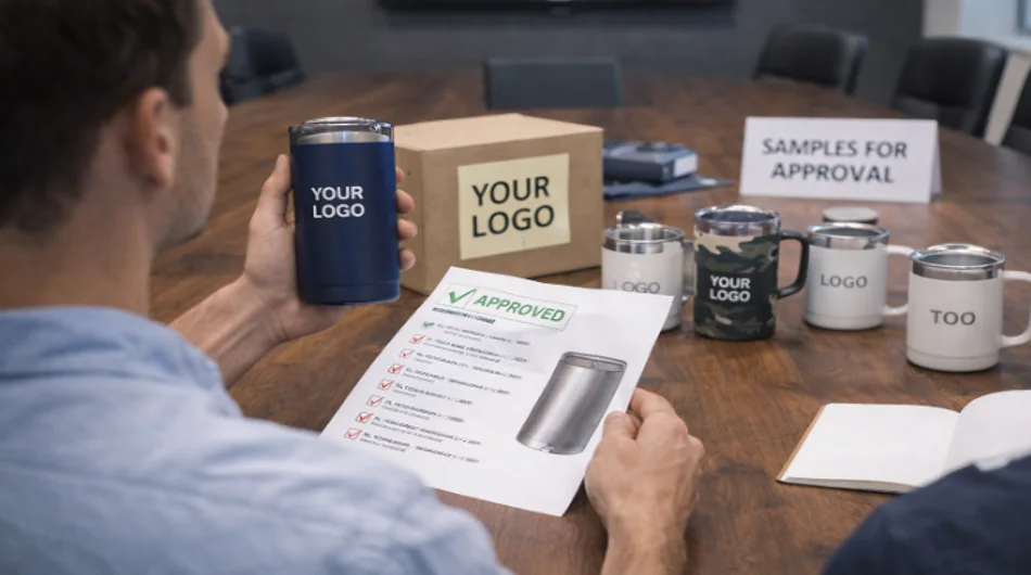 Reviewing customized drinkware samples before bulk order confirmation