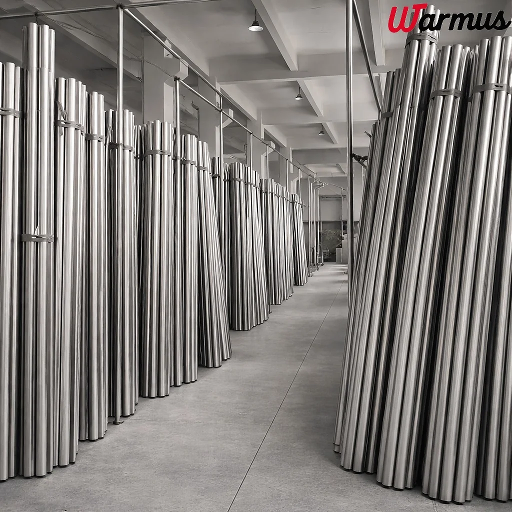 Stainless steel tubes stored for insulated drinkware production at Warmus